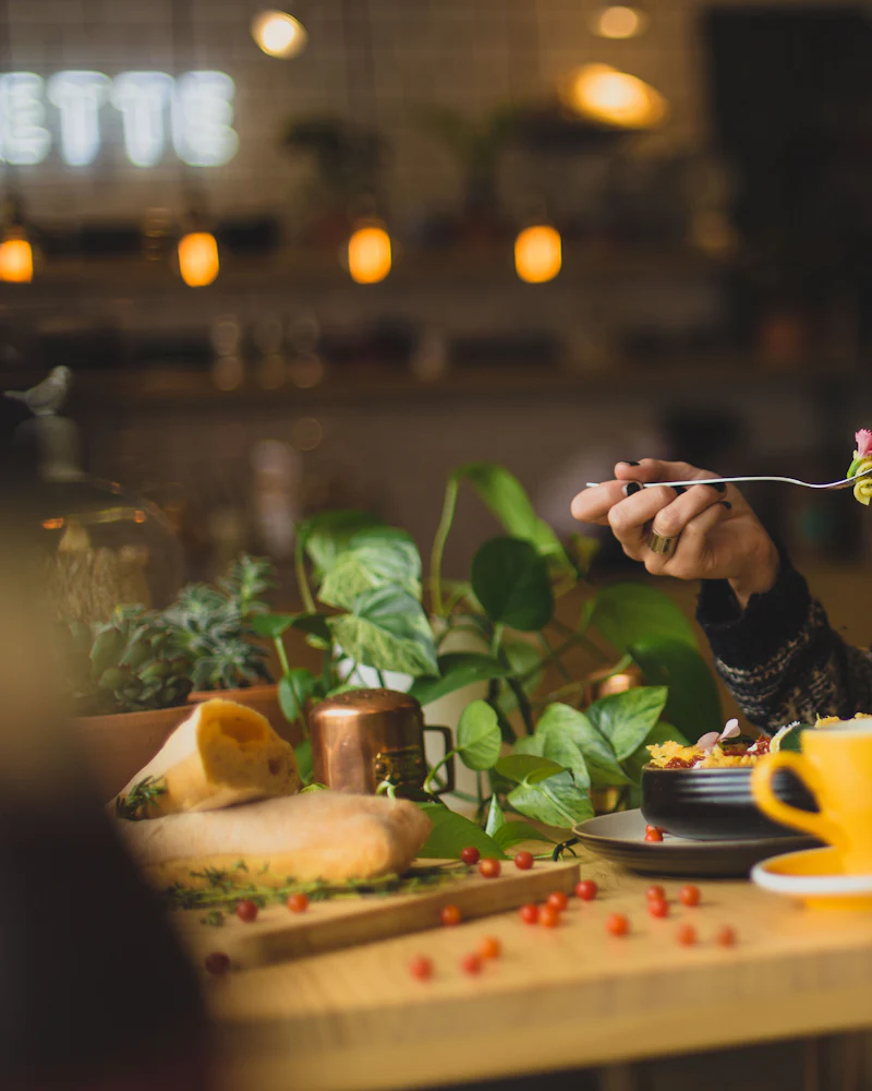 Breakfast served at a sunlit table