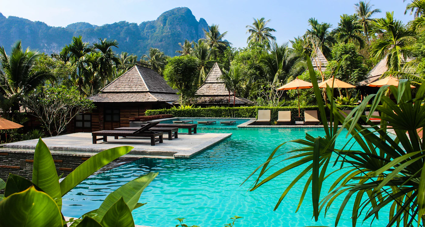 Uvendra garden pool with shaded pavilions